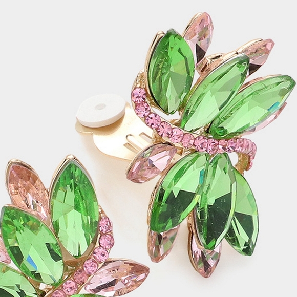 Pink and Green Marquise Crystal Clip On Earrings 1.5 Inch Swirl Leaf ClipOns - Picture 2 of 2